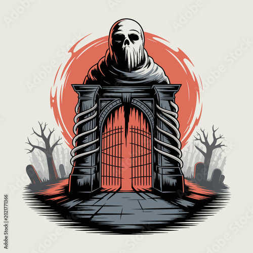 Tablou pe pânză Gray hooded skull on gate entrance.