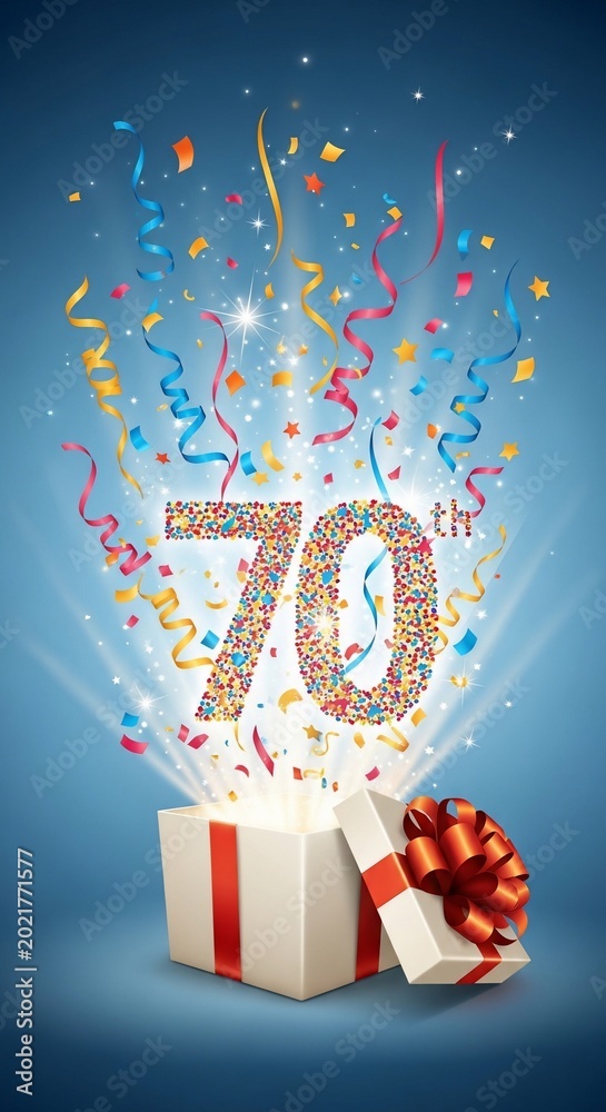 Fototapeta premium Seventy years burst forth in a cascade of color and confetti.