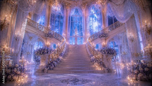 Elegant palace staircase with flowers in blue ballroom