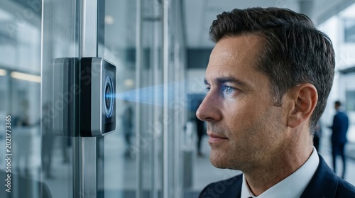 Futuristic sleek biometric security retina scanner at a modern corporate headquarters entrance
