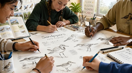 Diverse Students Art Class, Nature Study Drawing Workshop, Creative Education