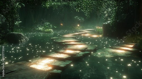 Enchanted forest path glimmering with glowing stepping stones and firefly-like lights in the mist