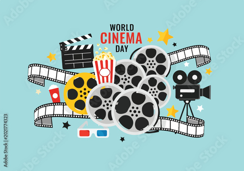 Fotografija A colorful graphic celebrating cinema with film reels