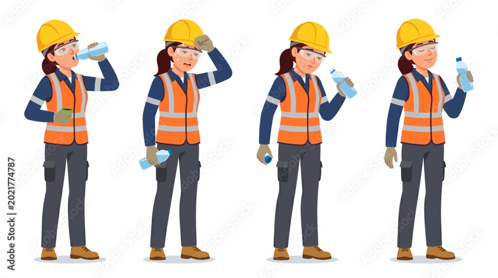 Obraz premium A sequence of a female construction worker staying hydrated and feeling hot while working, illustrating the importance of water on the job site.