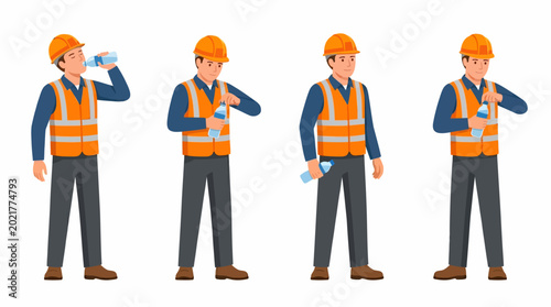 Four cartoon illustrations of a construction worker in an orange safety vest and hard hat drinking and handling a water bottle, isolated on white background.
