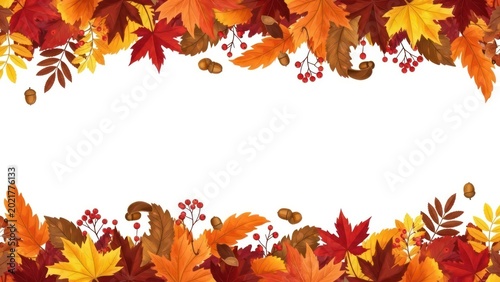 Autumnal frame embellished with falling leaves and woodland embellishments in vivid shades of red