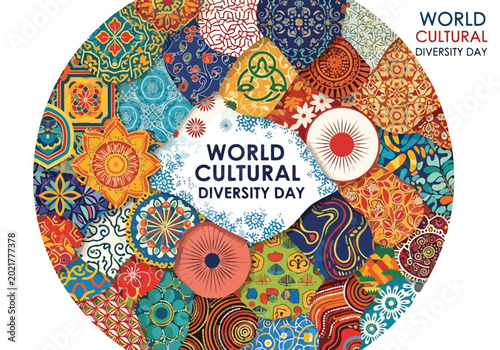 A colorful mosaic circle with diverse patterns celebrating cultural diversity