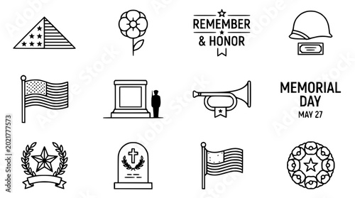 Canvas Print Memorial Day Icons: American Flag, Tombstone, Military Helmet, Bugle, Wreath