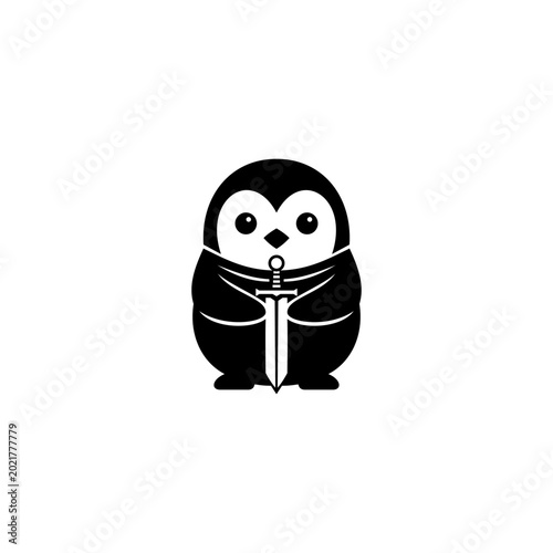 ​A charming vector illustration of a cute penguin character holding a sword like a knight or warrior isolated on white background