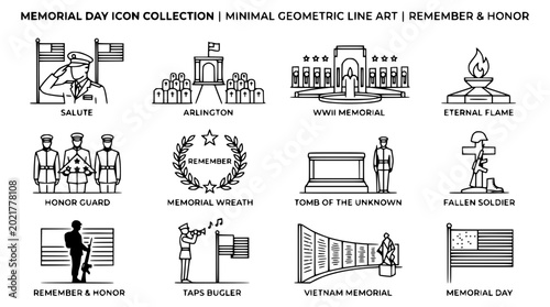 Bild auf Leinwand Memorial Day Icon Collection: Minimal Geometric Line Art for Remembrance and Hon