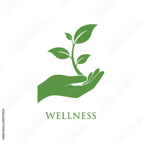 Green hand holding a sprouting plant symbolizing wellness