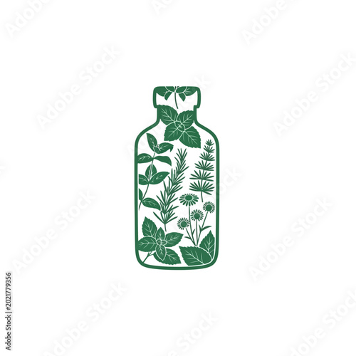 Green Herbal Bottle with Leafy Design and Nature