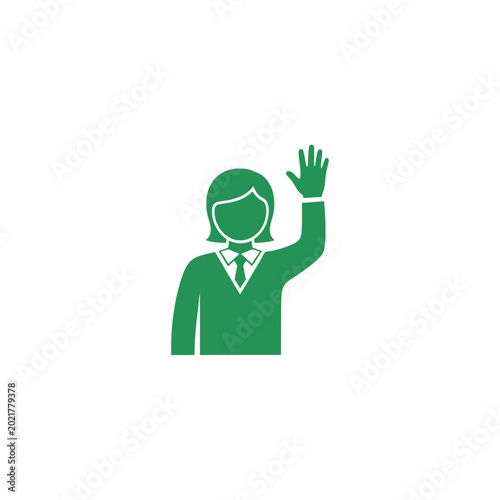 Green icon of a person waving in a professional setting