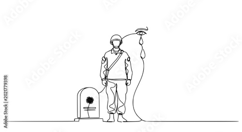 Obraz na płótnie Soldier Mourns Fallen Comrade at Grave, Single Line Art, Tearful Remembrance
