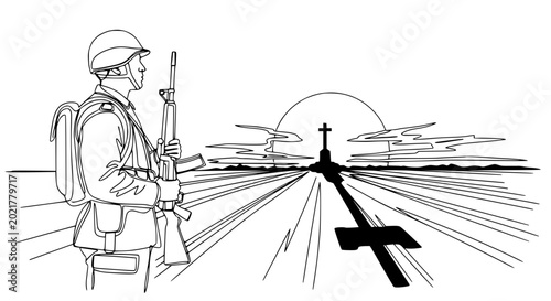 Photos Soldier Guarding Memorial Cross Silhouette at Sunset