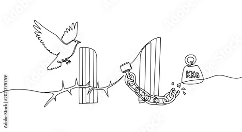 Canvas Print Dove flying free from broken chain and barbed wire fence, symbol of freedom and