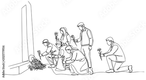 Foto People laying flowers at monument, one line drawing, tribute, remembrance