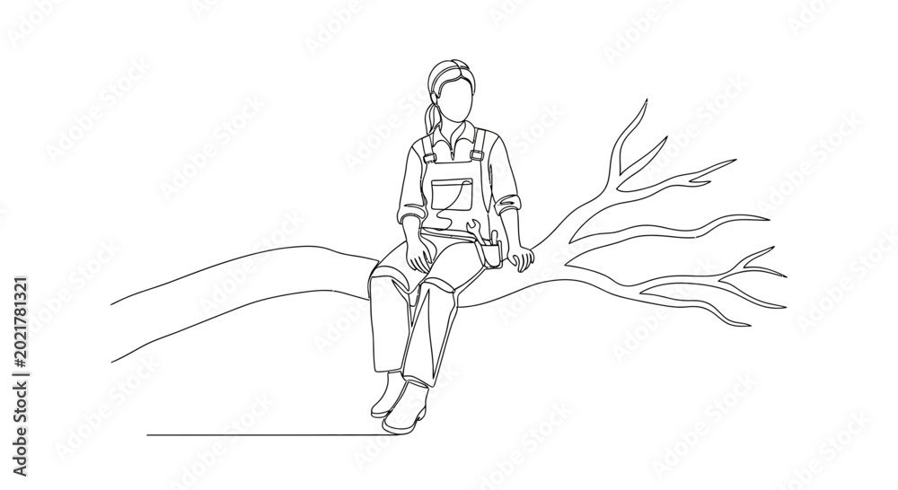 Fototapeta premium Woman in Overalls Sitting on Tree Branch, Minimalist Line Art