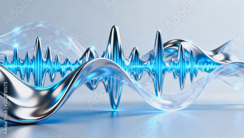 This 3D rendered abstract visual features glowing blue audio waveforms paired with flowing metallic and transparent fluid curves on a light neutral background.