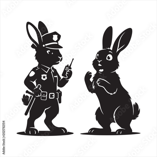 Funny Police Bunny Interrogation Silhouette Vector