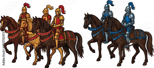 Bild auf Leinwand Medieval armored knights on horseback vector illustration with cavalry riders in