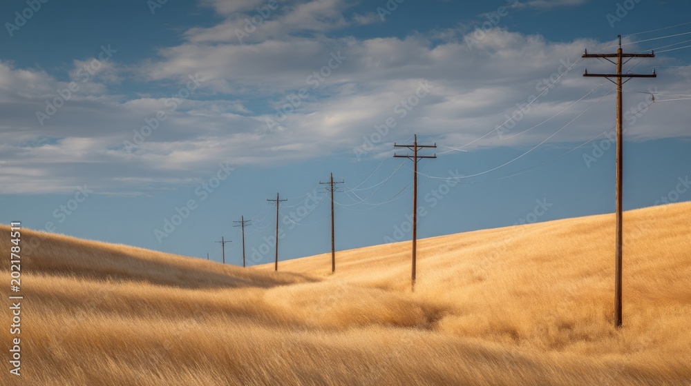 Obraz premium Serene Landscape with Telephone Poles on Rolling Hills Under a Blue Sky and Fluffy Clouds During Late Afternoon Light in a Distant Rural Setting