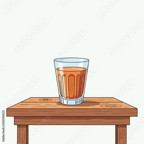 A glass of brown liquid sits on a wooden table
