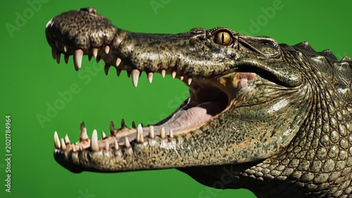A close-up shot of a crocodile with its mouth open, showcasing its sharp teeth against a vibrant green background.