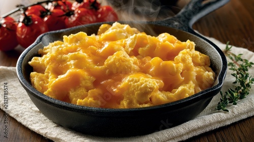 Fluffy scrambled eggs with melted cheese in a rustic cast iron skillet with steam rising for breakfast and brunch culinary marketing