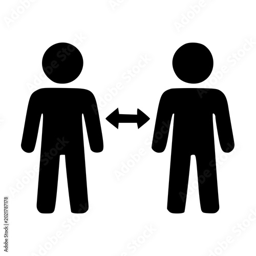 Konstfotografi Two human figures with a double-headed arrow between them, symbolizing social distancing, physical space, and public health safety protocols