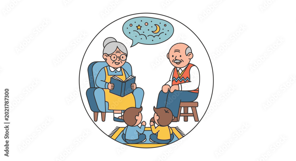 Naklejka premium Grandparents reading bedtime stories to their grandchildren in a circular frame illustration.