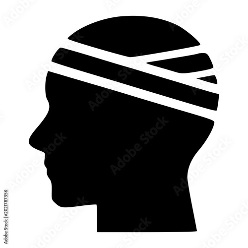 A person with a medical bandage wrapped around their head, indicating a head injury, post-surgery recovery, or trauma first aid treatment.
