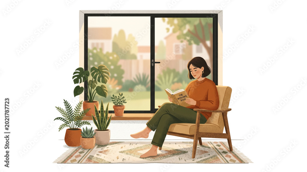 Fototapeta premium Young woman sitting on a chair reading a book near a bright window surrounded by potted plants in a cozy room with a garden outside.