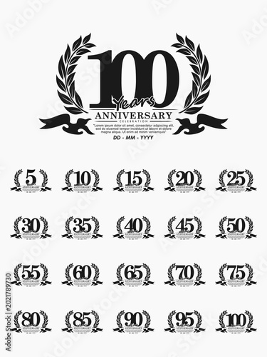 Free Download anniversary celebration emblem. black anniversary logo isolated with ribbon and laurel wreath on white background. vector illustration template design for web banner - GFXLoad