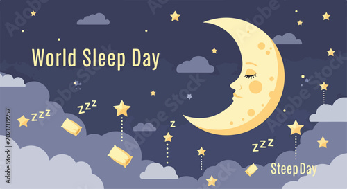 Photos A crescent moon with a sleeping face amidst clouds and stars