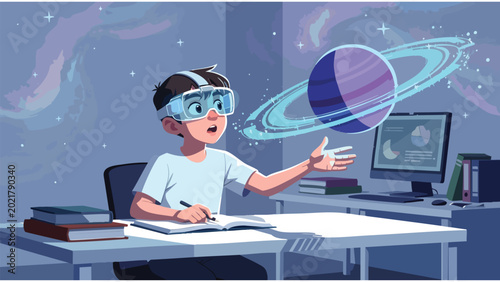 Quadro su tela Immersive VR Learning: Boy Explores Space, Digital Planetarium, Educational Tech