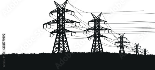 Bild auf Leinwand High voltage power lines and electricity pylons black silhouette vector illustra