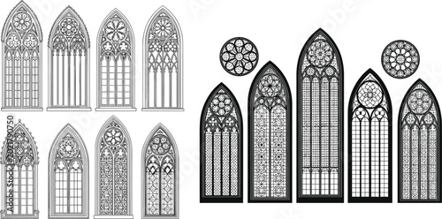 Quadro su tela Gothic Cathedral Stained Glass Window Vector Collection with Ornamental Medieval