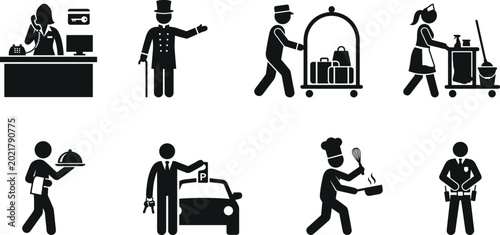 Foto Hotel staff silhouette pictogram icon set featuring receptionist concierge bellb
