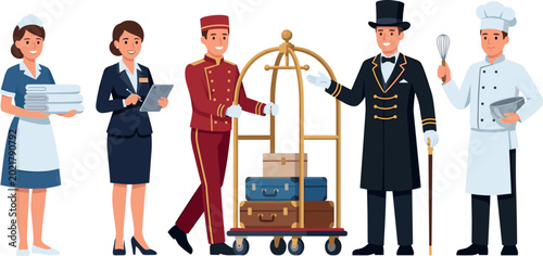 Фотография Hotel service workers vector characters including maid manager bellboy with lugg