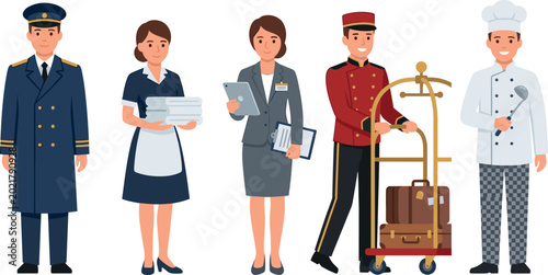 Фотография Hotel staff vector character set featuring doorman maid manager receptionist bel