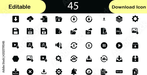 Foto Download and File Action Glyph Icons Set, Media Interface and Data Transfer Symb