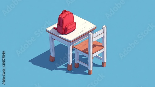 School desk with red backpack