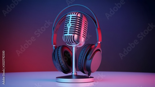 Retro style ribbon microphone and headphones under neon blue and red lights on white surface.