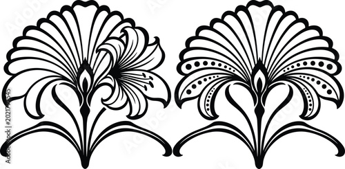 Foto Elegant black lily floral vector ornament set with symmetrical fan shaped decorative leaves isolated on white background