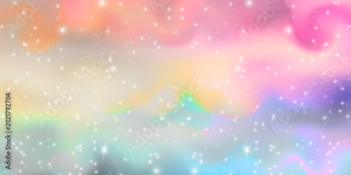 Unicorn magical bokeh background with pastel rainbow gradient and sparkling stars for fantasy design. Soft pink, purple and blue colors with glowing light effects. Dreamy fairy tale atmosphere