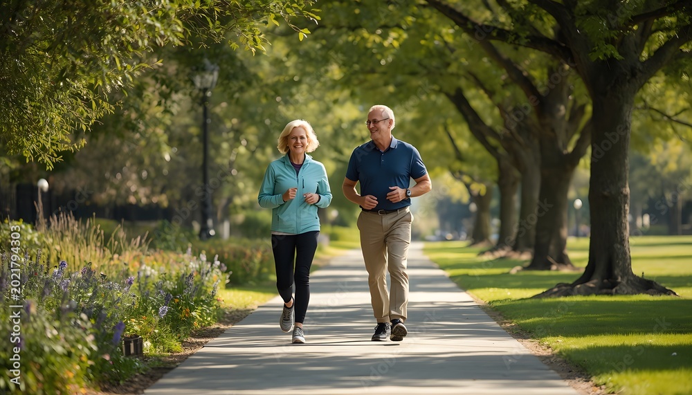 Fototapeta premium Senior Group Running on Waterfront Promenade at Sunrise