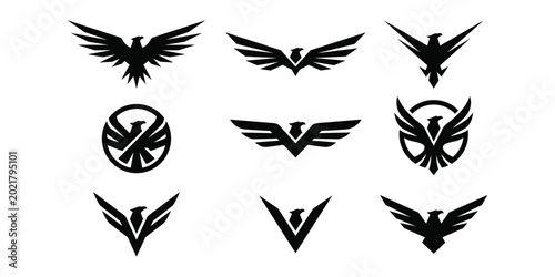 Collection of eagle logos and icons vector art with black and white silhouette predator abstract creative decoration identity illustration majestic ornament strength template wildlife