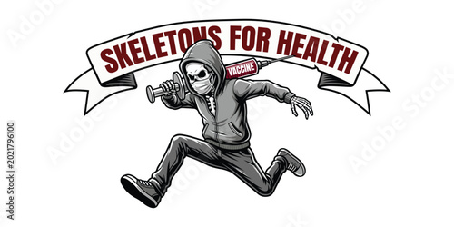 Cuadro en lienzo Skeleton runner with syringe and banner skeleton exercise character illustration