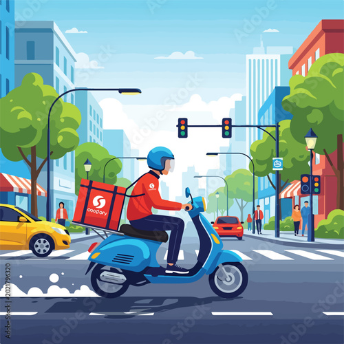 Quadro em tela A delivery rider on a blue scooter in a city